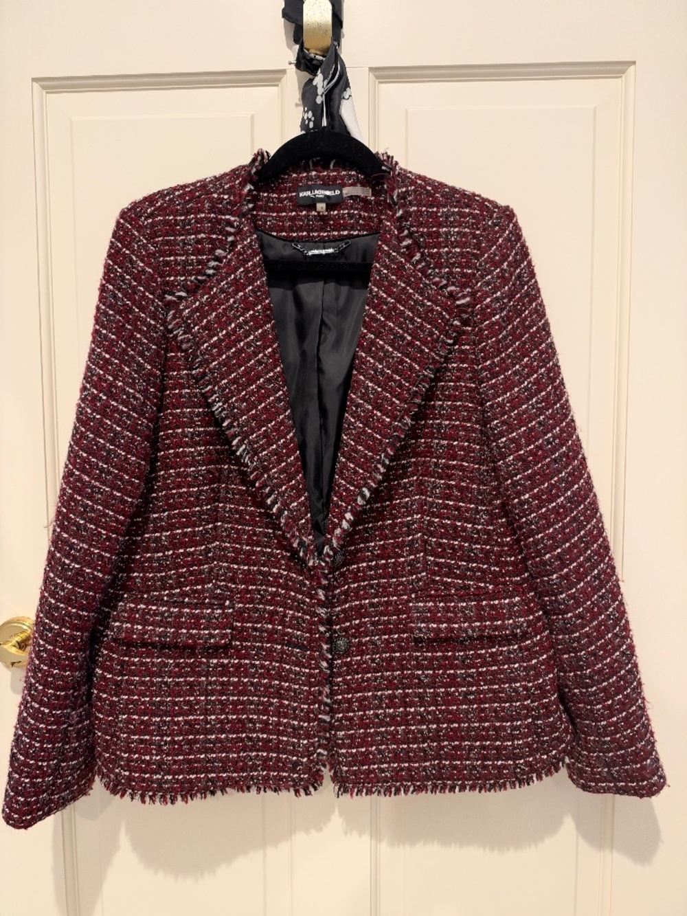 Karl Lagerfeld Paris Burgundy Tweed Fringe-Trim Blazer | 16